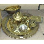 Three brass Benares trays, (no stands), a brass bed warmer, brass chestnut roasters, a spirit kettle