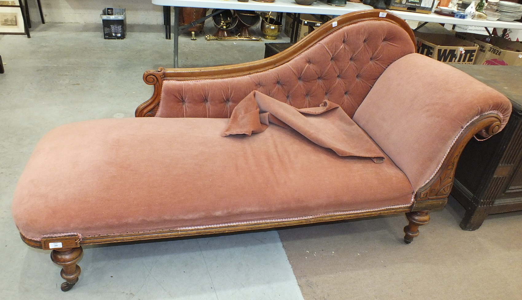 A Victorian mahogany button-back single end chaise longue on turned legs, 190cm.