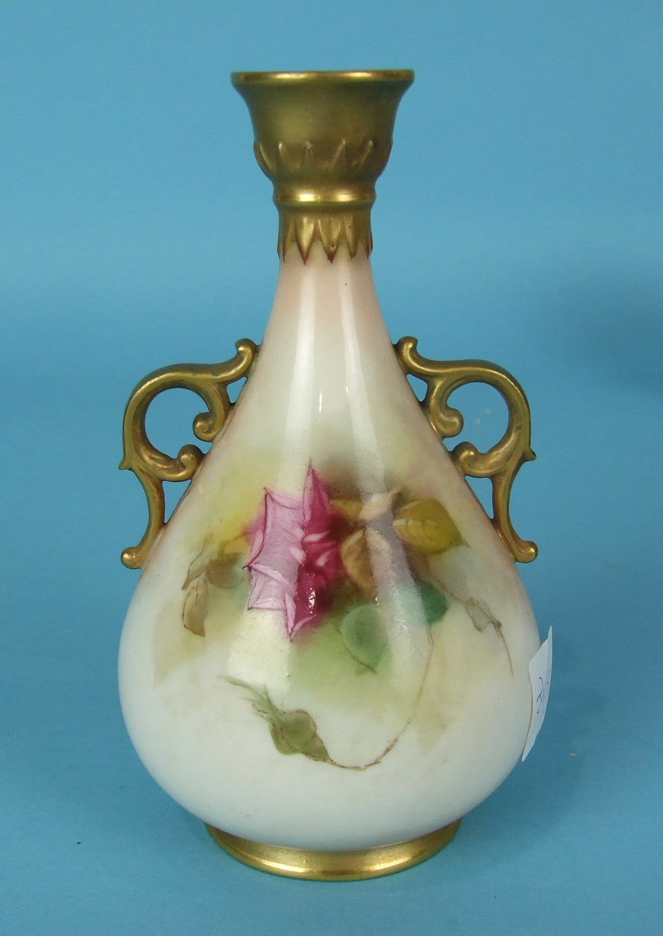 A Royal Worcester porcelain vase painted with roses and with gilt handles and rims, unsigned, 12cm - Image 3 of 3