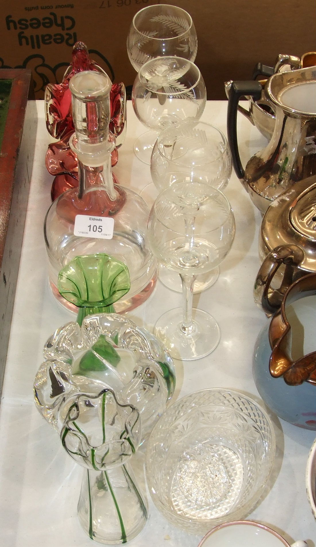 A cranberry glass jug with clear handle, 9cm high, wine and drinking glasses and other glassware. - Image 2 of 4
