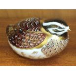 A Royal Crown Derby paperweight, "Dappled Quail", gold stopper, 6.5cm high, boxed.