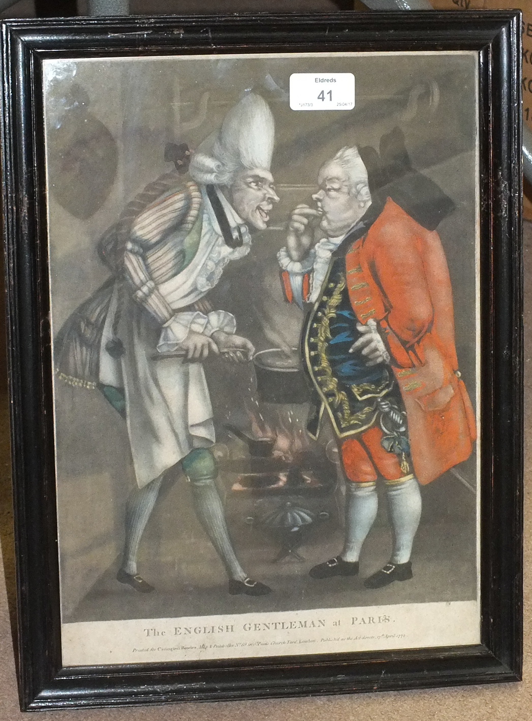 A satirical coloured engraving 'The English Gentleman At Paris', printed for Carrington Bowles,