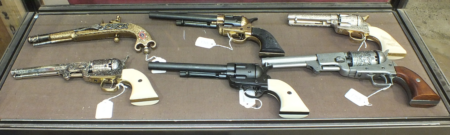 A model Colt and four other revolvers and a model Spanish flintlock pistol, (6).