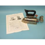 The Improved 'Omega' Spirit Iron with Bunsen burner, in box with instructions and other items.