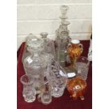 A cut-glass decanter and stopper, 20cm high, two others, (1 a/f) and various glassware.