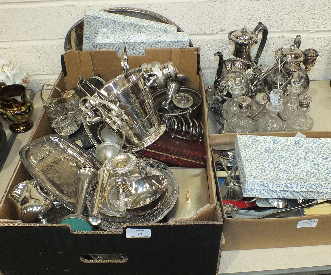 A six-piece cut-glass cruet on plated stand, (a/f), a four-piece plated tea service, various cutlery