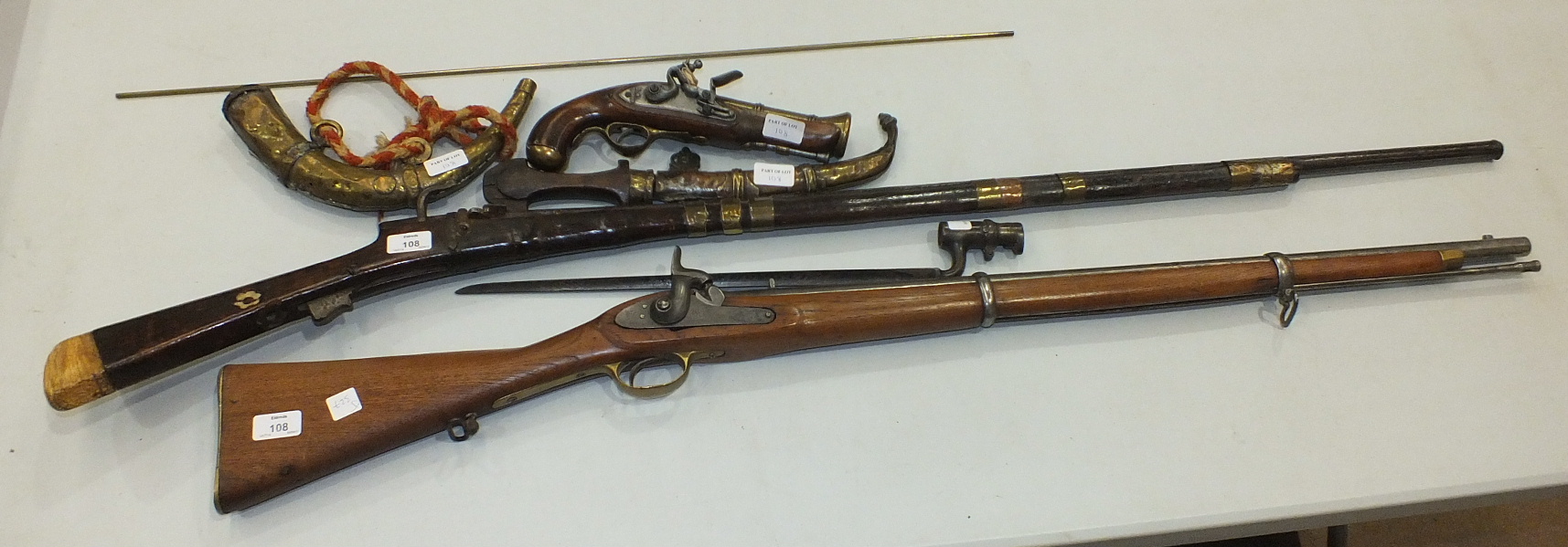 An antique jezail matchlock rifle in poor condition, 137cm, a Victorian Tower rifle wall piece,