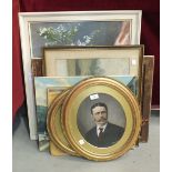 A pair of gilt oval picture frames, 44 x 39cm, various pictures and prints.