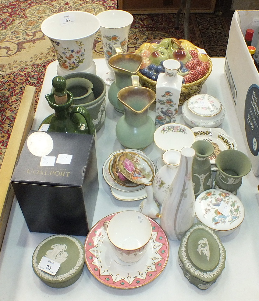 Six pieces of Wedgwood green and white jasperware and other ceramics.