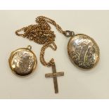 Two gold (front and back) lockets, a 9ct gold cross pendant and a 9ct gold curb link chain, gross