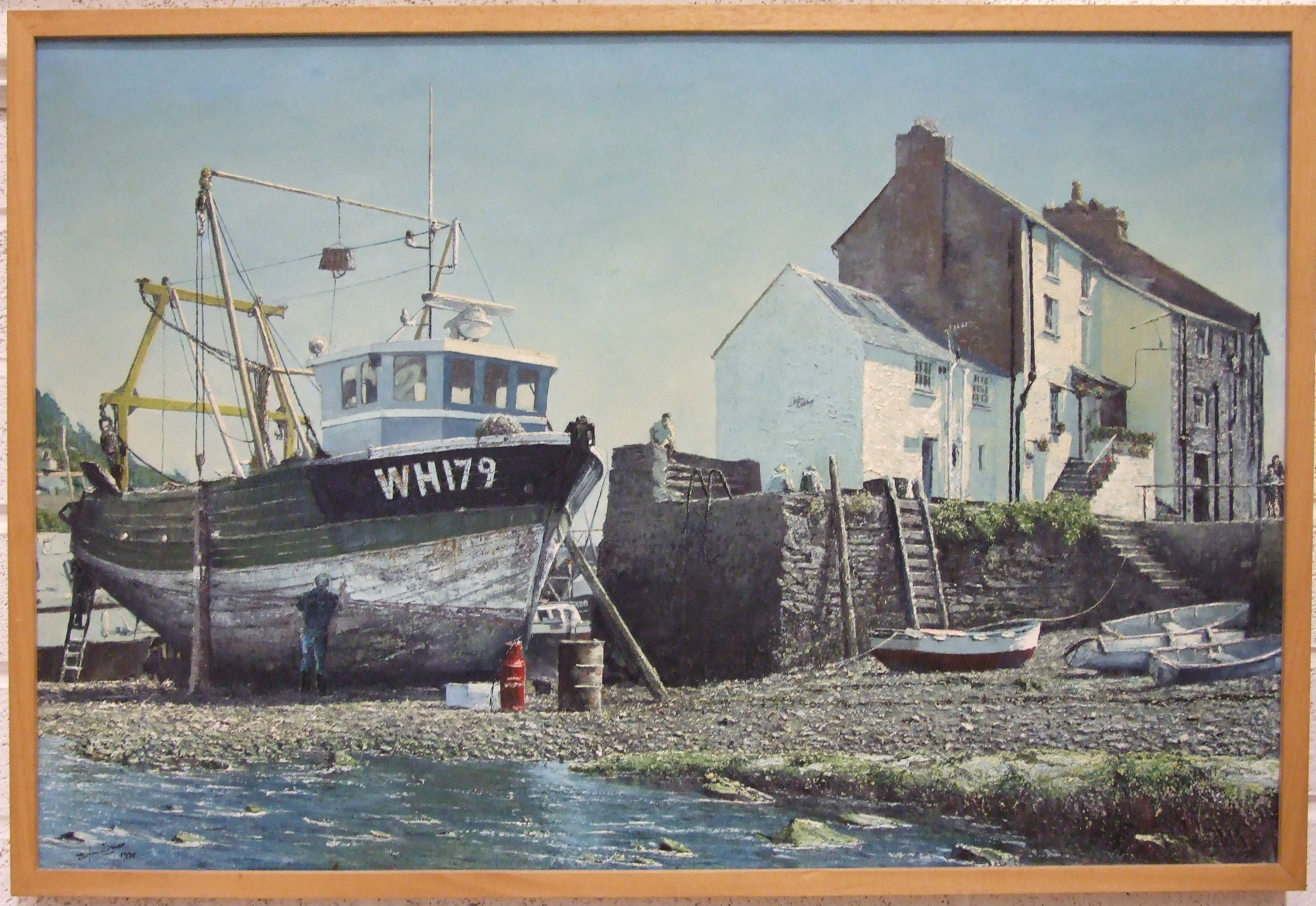 E Thomas, 'Polperro, Low Tide, with fishing boat WH179', a signed oil on canvas, 59 x 90cm, dated