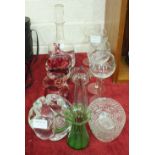 A cranberry glass jug with clear handle, 9cm high, wine and drinking glasses and other glassware.