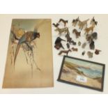 A Chinese watercolour of two pheasants, 18.5 x 34cm, various carved wood miniature dogs and other