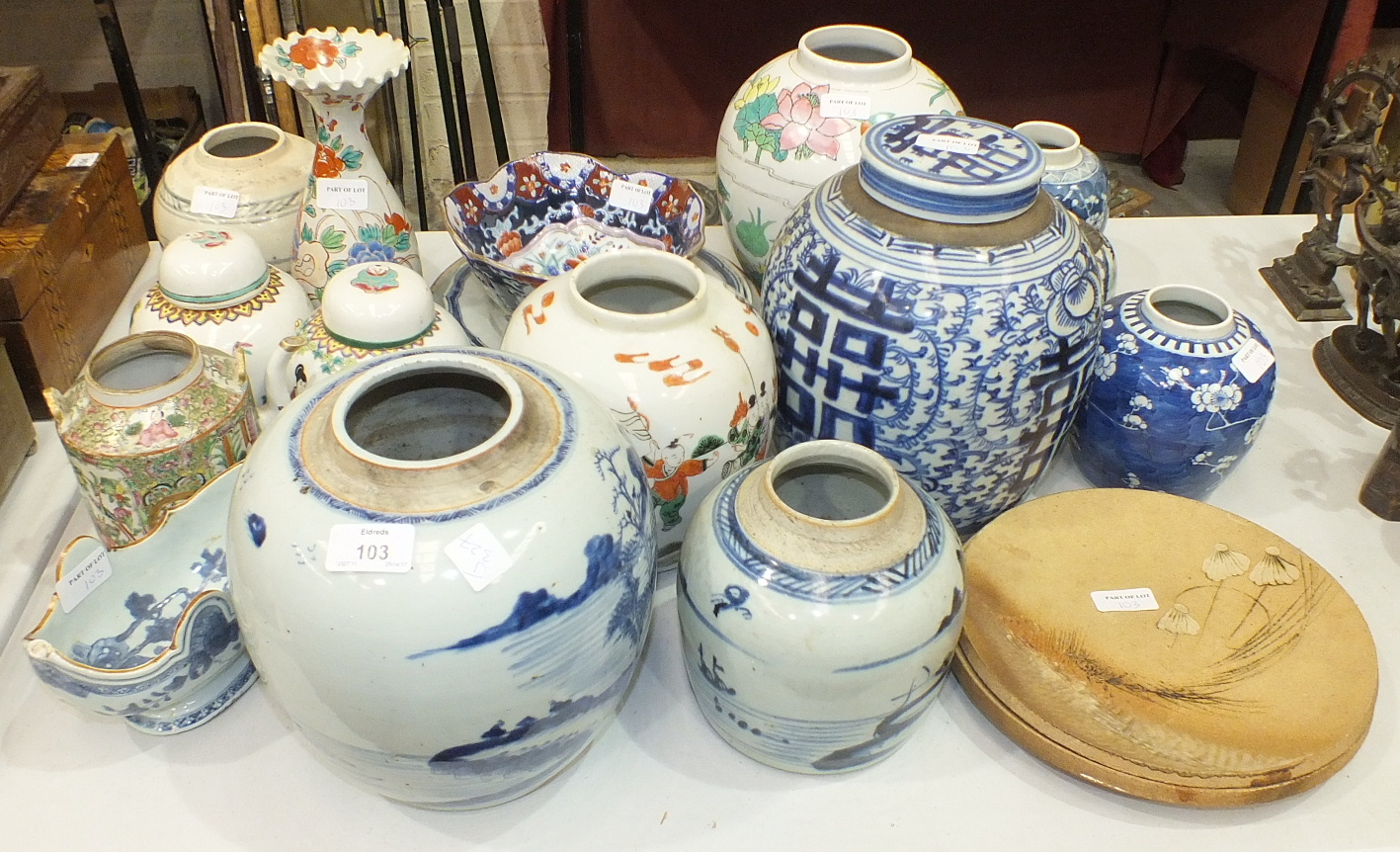 Two late-19th century baluster ginger jars converted as lamps and other Oriental ceramics.