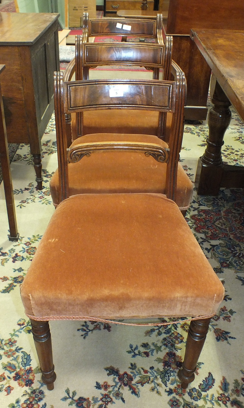 A set of six late-19th century mahogany Regency-style dining chairs on turned front legs, includes