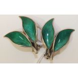 A pair of David Andersen green-enamelled silver double-leaf earrings.