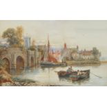 P H S Lloyd FISHING BOAT APPROACHING A BRIDGE WITH A CHURCH IN BACKGROUND Signed watercolour,