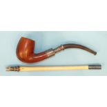A silver-mounted briar root pipe with detachable mouthpiece and extension.