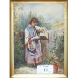 H H S (Victorian) YOUNG GIRL PICKING FLOWERS Watercolour, signed with initials, 19.5 x 13cm and