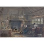 19th Century English School A WASHERWOMAN AND A WOMAN SEATED AT A SPINNING WHEEL IN A KITCHEN
