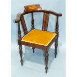 A child's inlaid mahogany corner chair, (damage to arm), a pair of Georgian dining chairs with