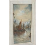 Thomas Mortimer (Fl. 1880-1920) FISHING BARGES IN A VENETIAN WATERWAY Watercolour, signed, 15 x 35cm