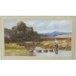 Stephen E Hogley (1842-1923) A YOUNG WOMAN CROSSING A STREAM Watercolour, signed, 26 x 48cm.