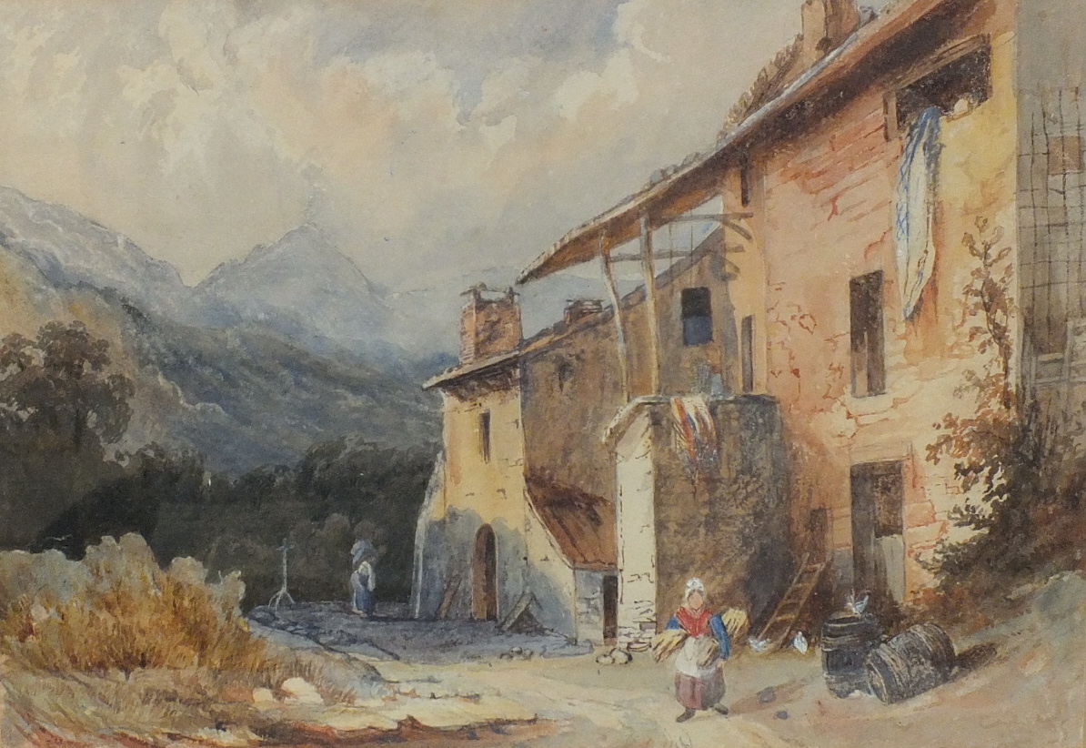 Joseph William Allen (1803-1852) AN ALPINE VILLAGE Watercolour, artist's name and dates printed on