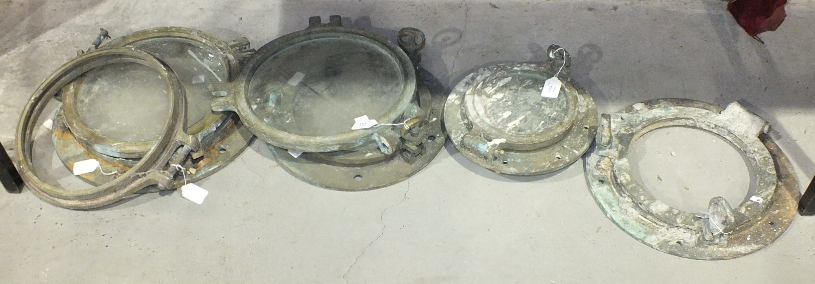 A small glazed bronze porthole, 30cm diameter and other parts of portholes. - Image 2 of 2