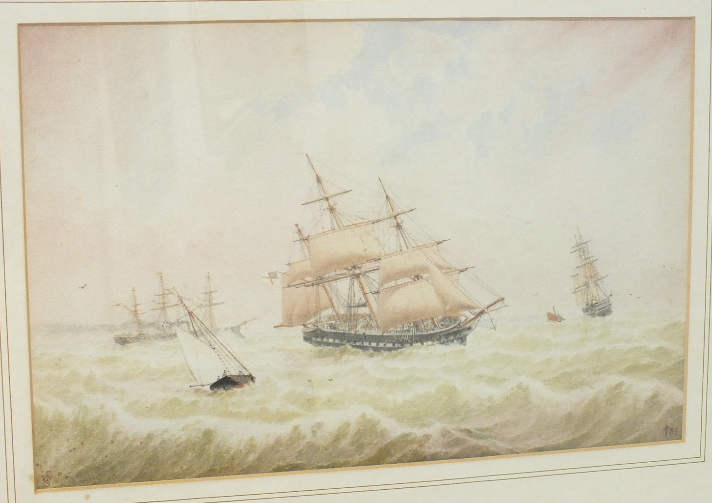 19th Century English School TWO THREE-MASTED WARSHIPS AT SEA WITH A STEAM/SAIL SHIP BEHIND