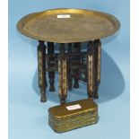A miniature Benares-style circular brass tray, 30cm diameter, on folding wood stand, a bronze and