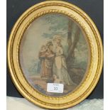 Two 19th century Bartolozzi engravings, framed oval, 20 x 16cm, two others and a Le Blond print, The