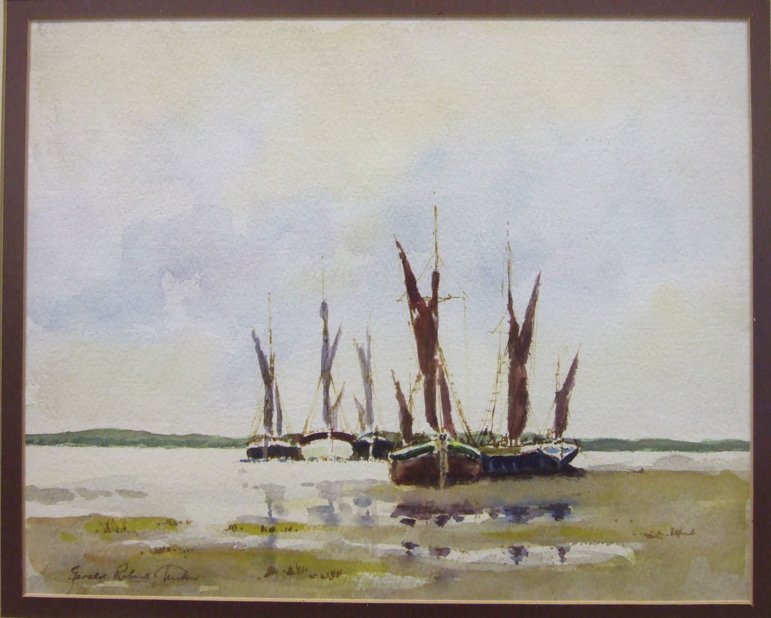 Gerald Edwin Tucker FISHING BOATS, MOORED Watercolour, signed, 15 x 20cm and four other works by the