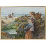 Lionel Percy Smythe (1839-1918) FISHER GIRL BY A COASTAL ROCK POOL Watercolour, signed with initials