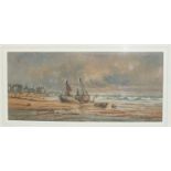 Thomas Mortimer (Fl. 1880-1920) BEACHED FISHING BOATS WITH TOWN BEYOND Watercolour, signed, 23 x