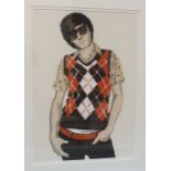 Unsigned THREE-QUARTER LENGTH PORTRAIT OF A YOUNG MAN IN 1970'S-STYLE TANK TOP AND SUNGLASSES 59 x