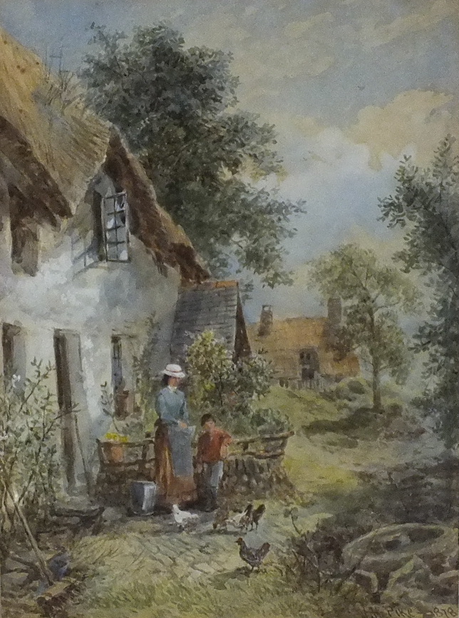 William Henry Pike (1846-1908) FIGURES FEEDING CHICKENS OUTSIDE A COTTAGE Watercolour, signed and