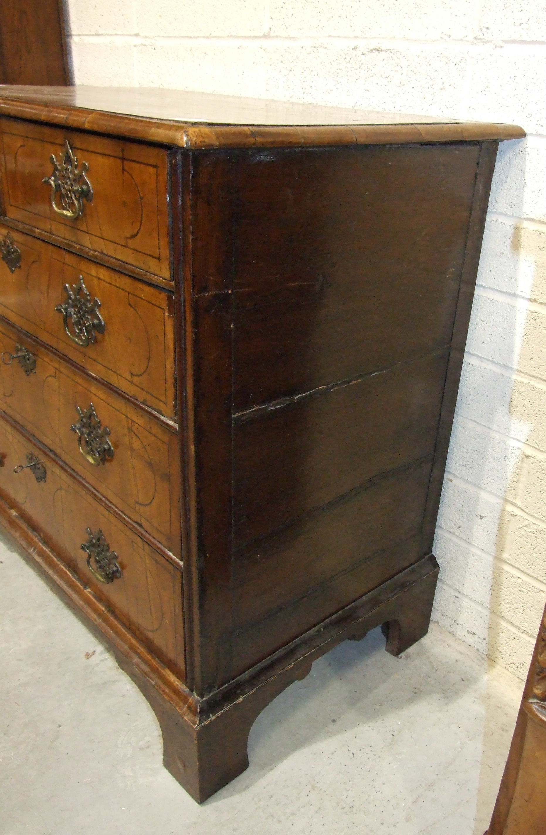 A 17th/18th century inlaid walnut rectangular chest of two short and three long drawers, on - Image 3 of 5