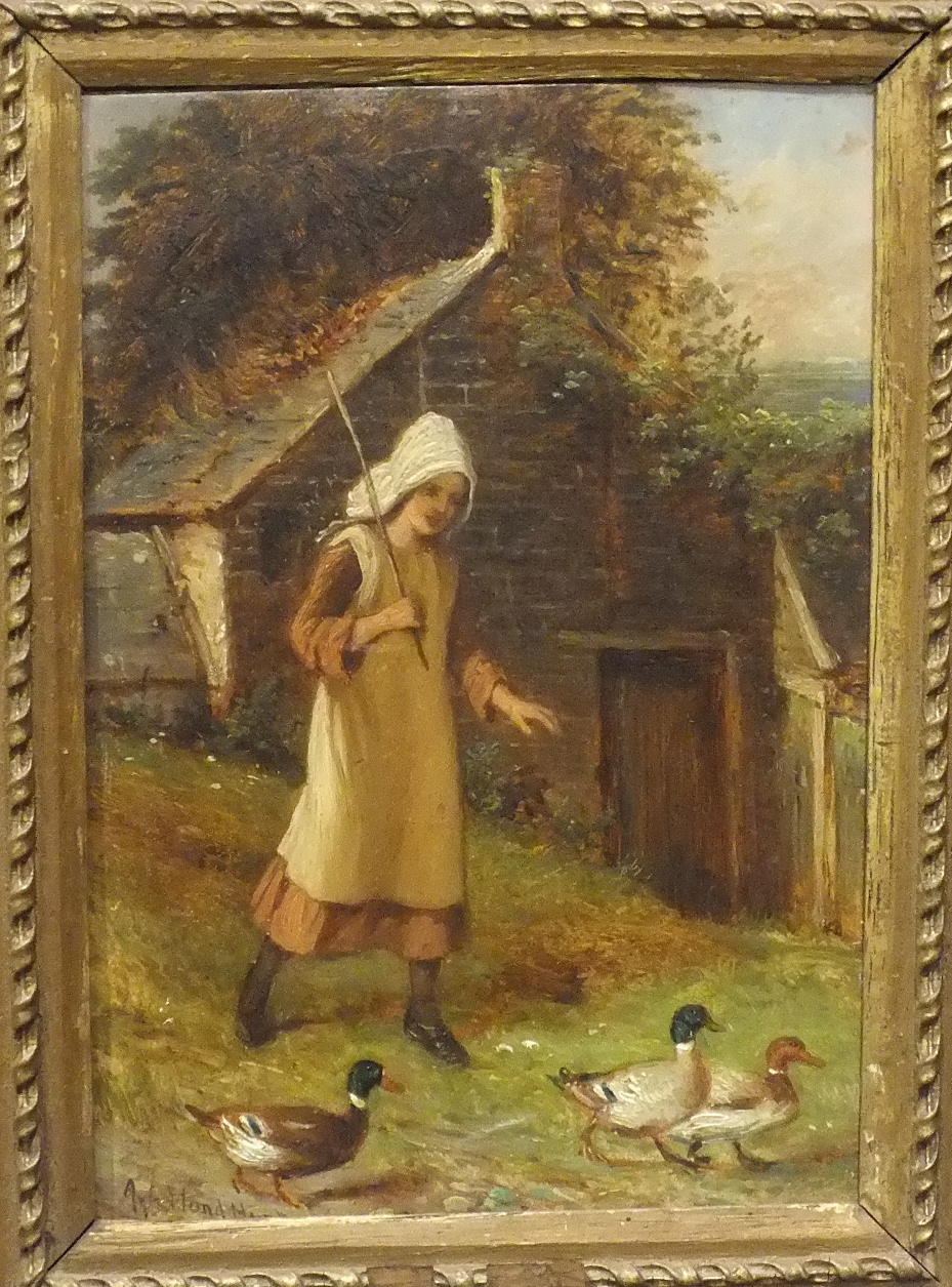 ***land Hunt YOUNG GIRL WITH DUCKS BY A COTTAGE Oil on board, signed, 24 x 17cm.