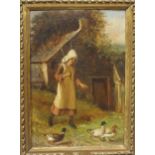 ***land Hunt YOUNG GIRL WITH DUCKS BY A COTTAGE Oil on board, signed, 24 x 17cm.