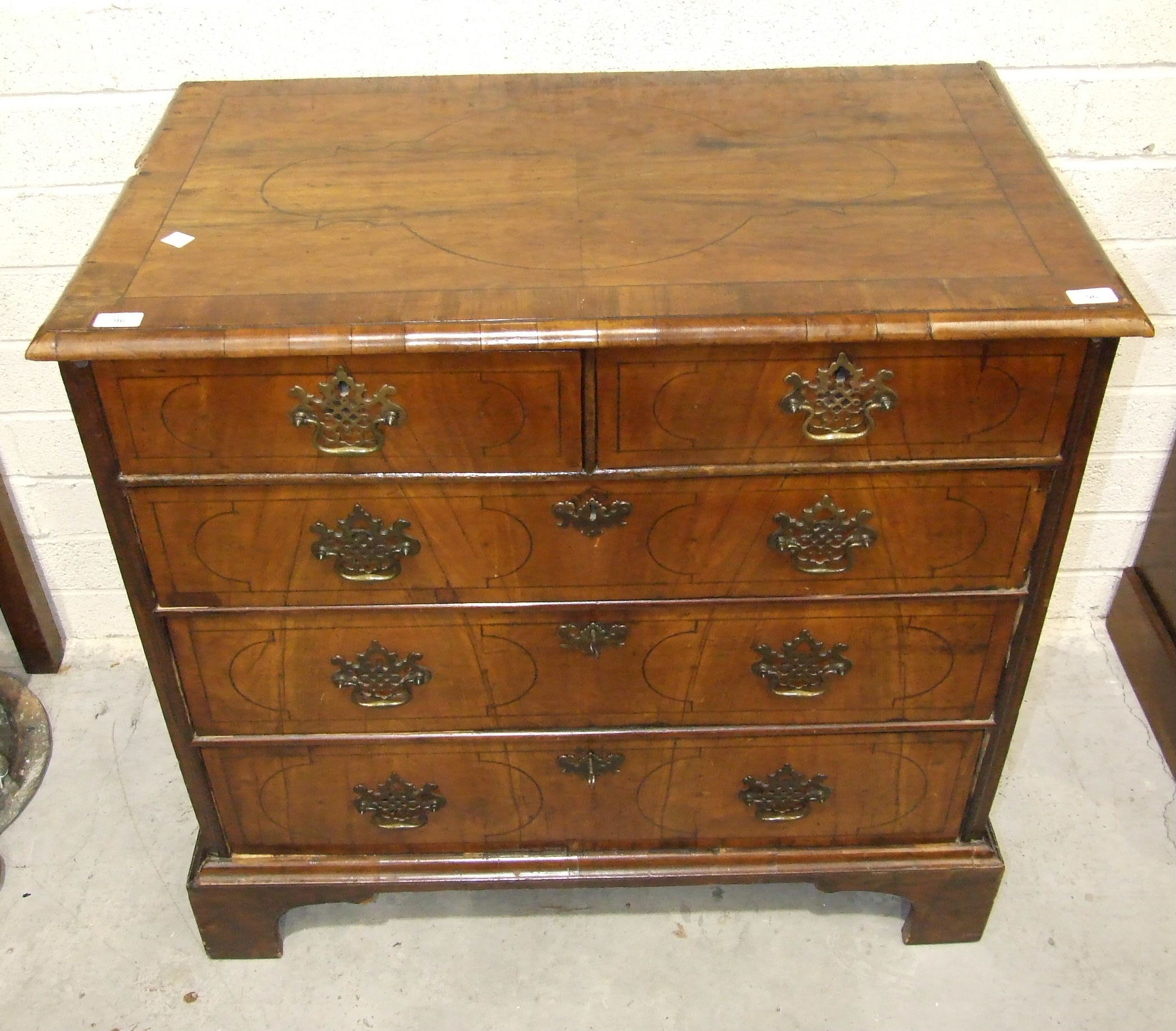 A 17th/18th century inlaid walnut rectangular chest of two short and three long drawers, on - Image 2 of 5