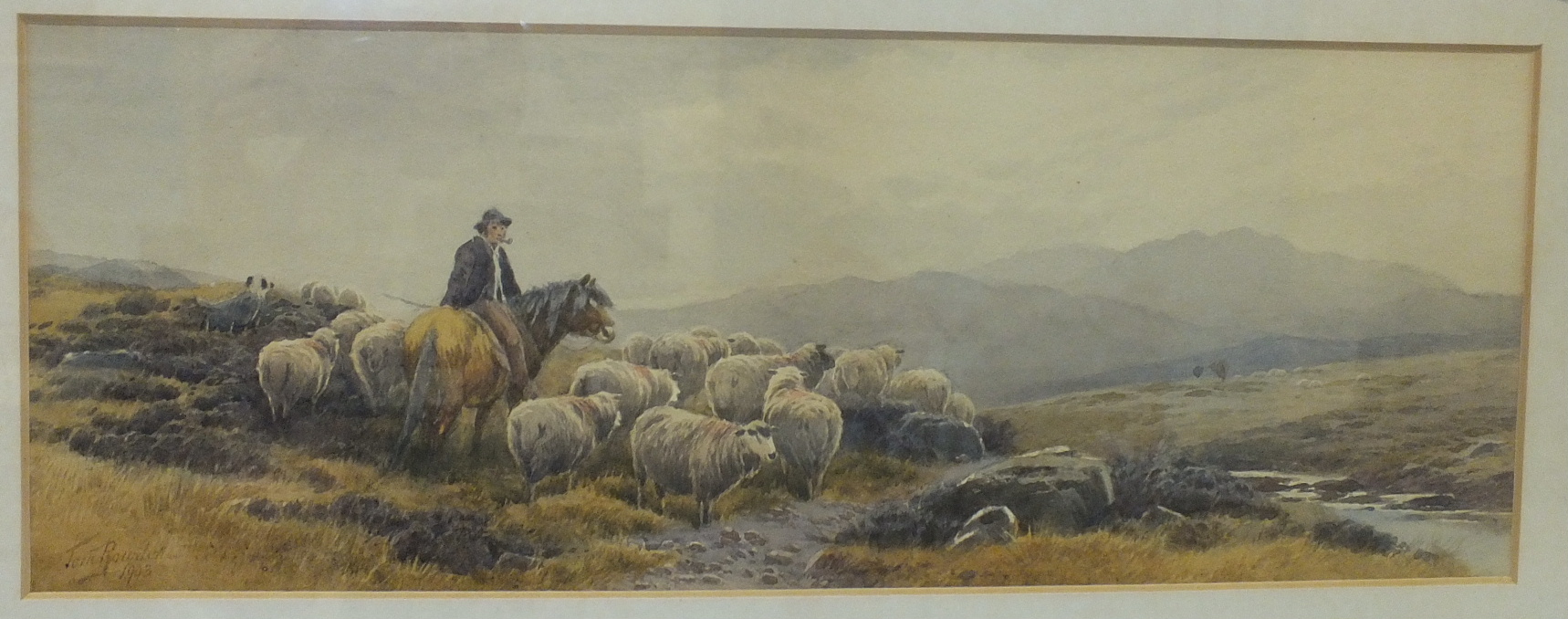 Tom Rowden MOORLAND SHEPHERD ON HORSEBACK DRIVING SHEEP Watercolour, signed and dated 1903, 17.5 x