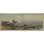 Tom Rowden MOORLAND SHEPHERD ON HORSEBACK DRIVING SHEEP Watercolour, signed and dated 1903, 17.5 x