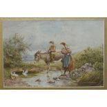 Follower of Miles Birket Foster FIGURES AND A DONKEY CROSSING A STREAM Watercolour, bears