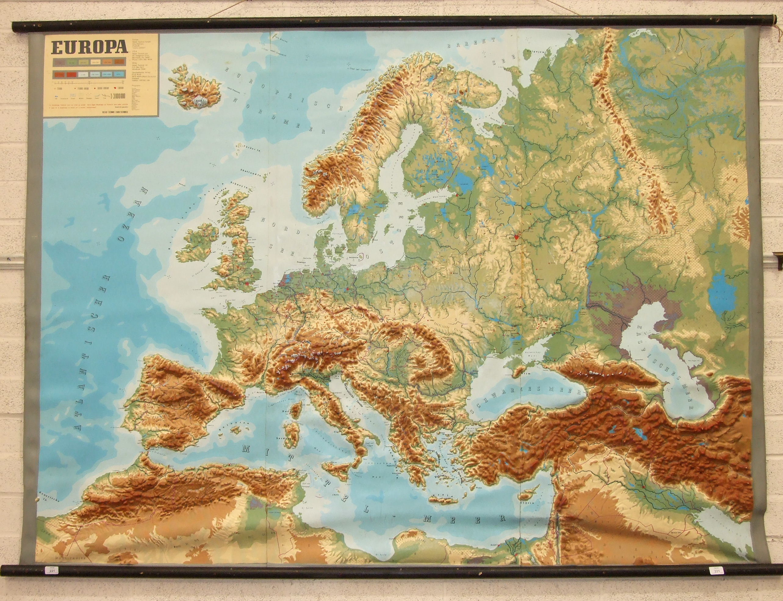 A large school wall map of Europe by Relief-Technik, 150 x 215cm.