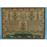 A late-18th/early-19th century needlework sampler in coloured threads on an ivory ground, with a