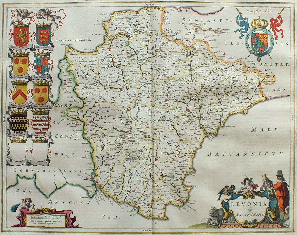 Two 18th century unframed hand-coloured maps of Devonia, together with coats of arms and Royal