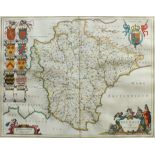 Two 18th century unframed hand-coloured maps of Devonia, together with coats of arms and Royal