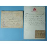 A hand-written letter on embossed Windsor Castle paper, "Mlle Dussan presents her compliments to