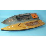 Four model boat hulls: a Rossi 60 speed boat, 94cm, a dinghy, 96cm, a scratch-built gun boat